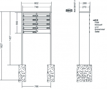 RENZ Briefkastenanlage freistehend, Tetro, Kastenformat 370x110x270mm, 9-teilig, zum Einbetonieren